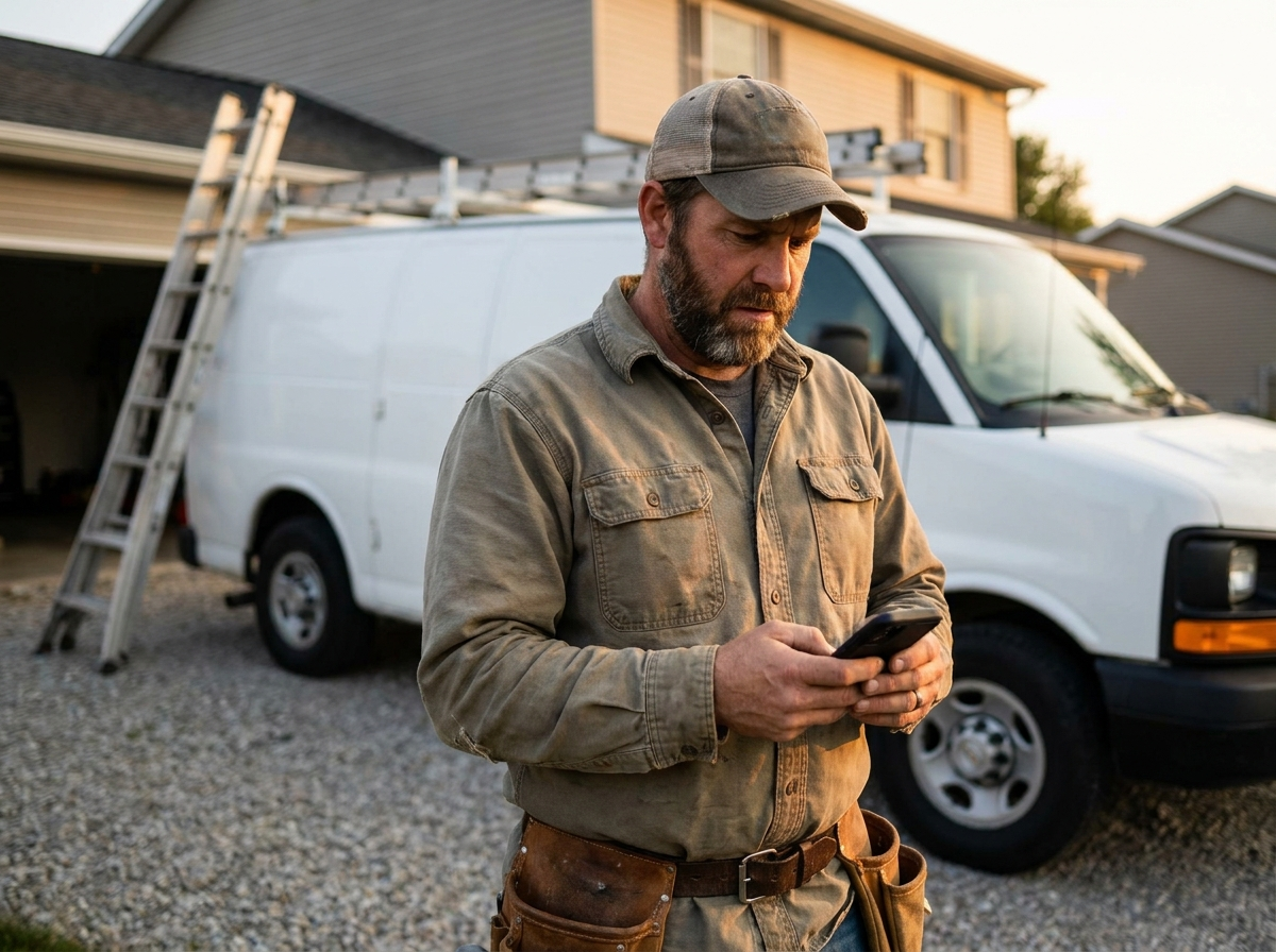Business owner on the job, seeing a missed call