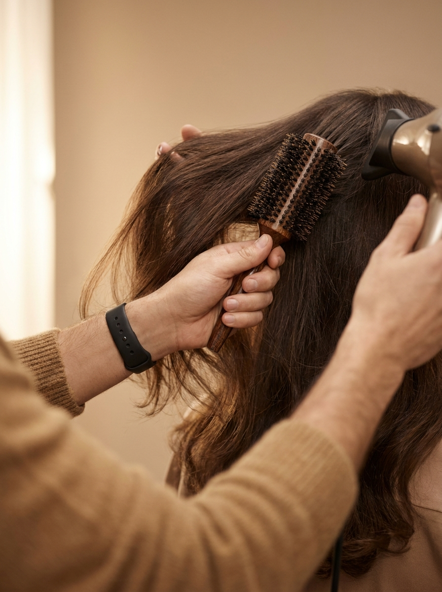 Stylist blow-drying hair