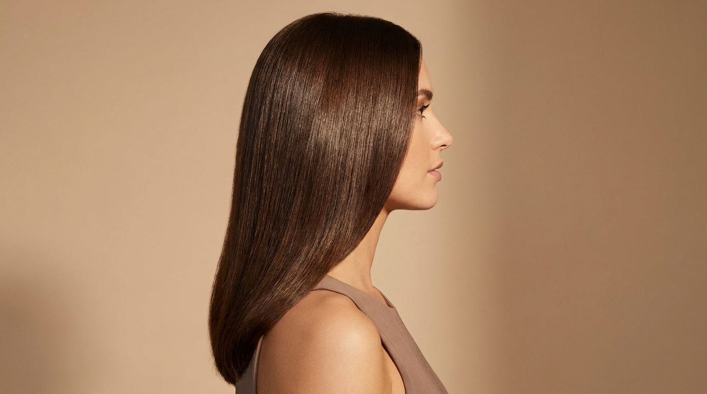 Glossy blow-dried hair in profile at Arha Salon