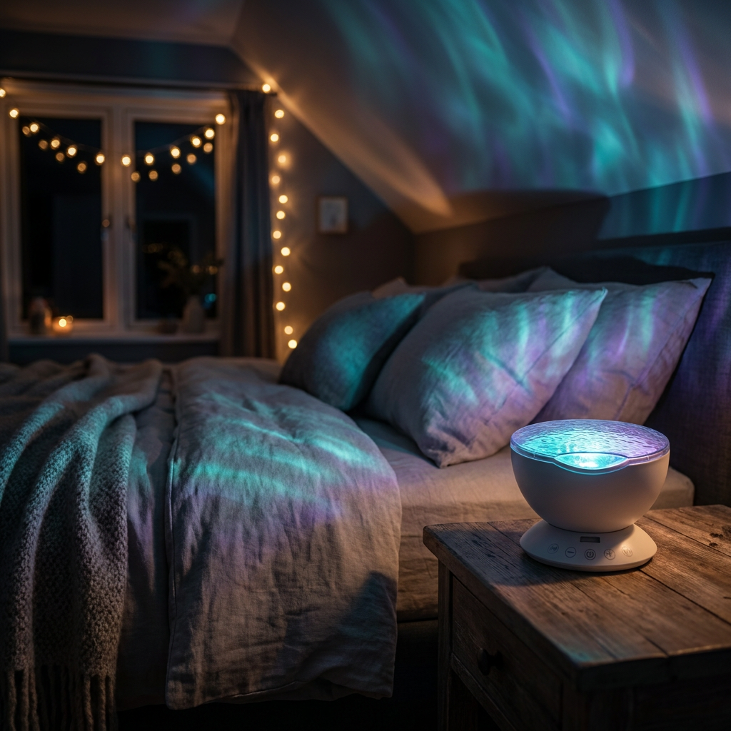Lumora aurora projector on a nightstand