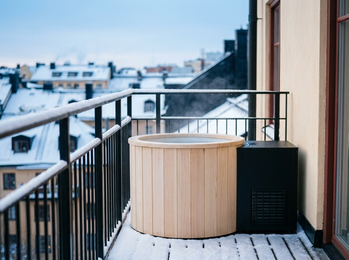 Kallbadstunna på en balkong i vinterljus