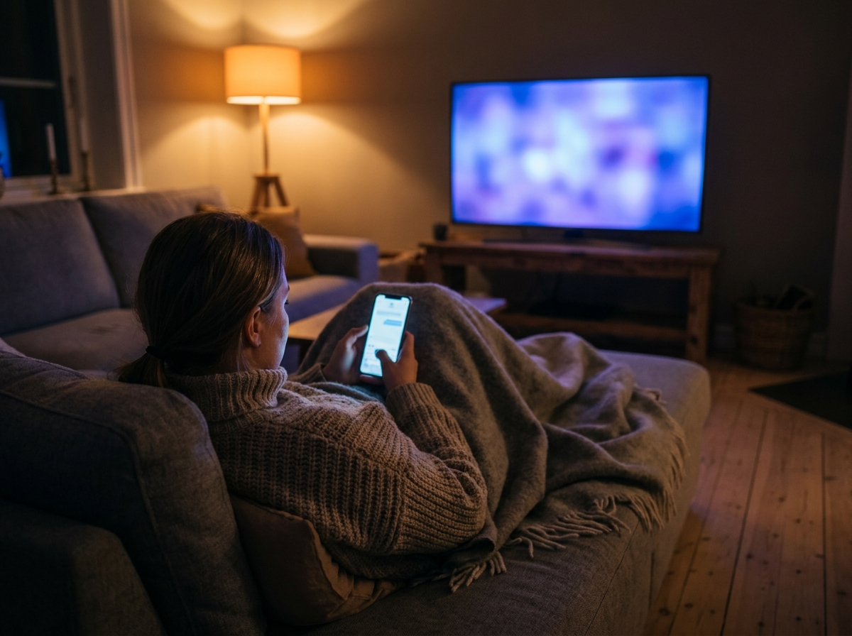 Tittare i soffan med telefonen i handen framför tv:n