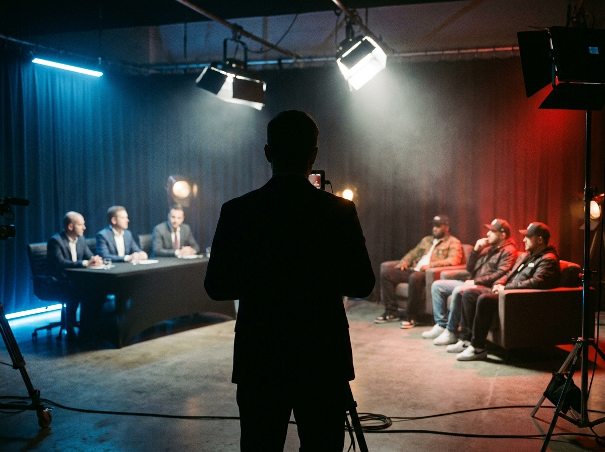 Grundare framför två paneler, en i blått ljus och en i rött
