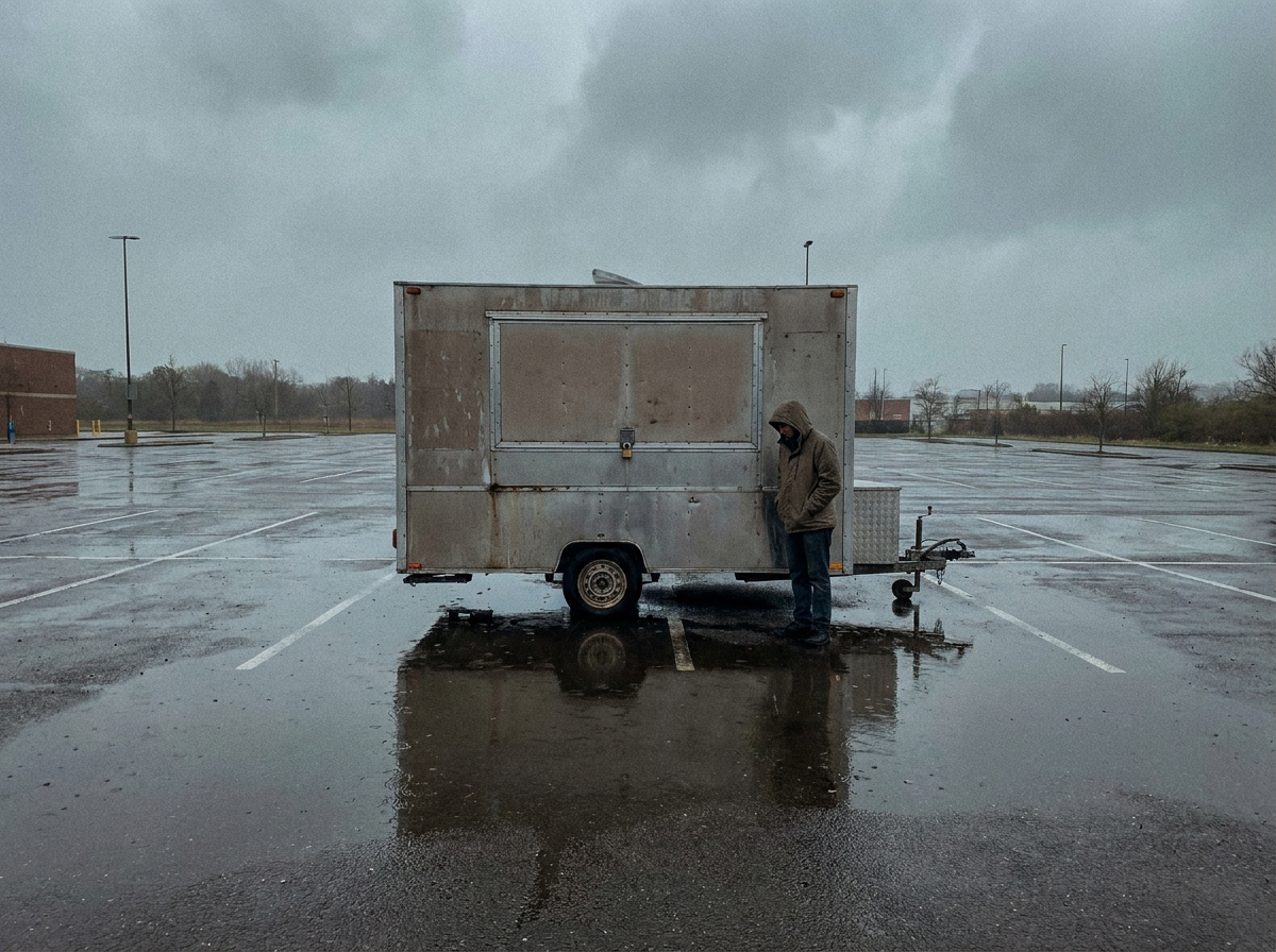 Stängd foodtruck på en tom parkering i regn