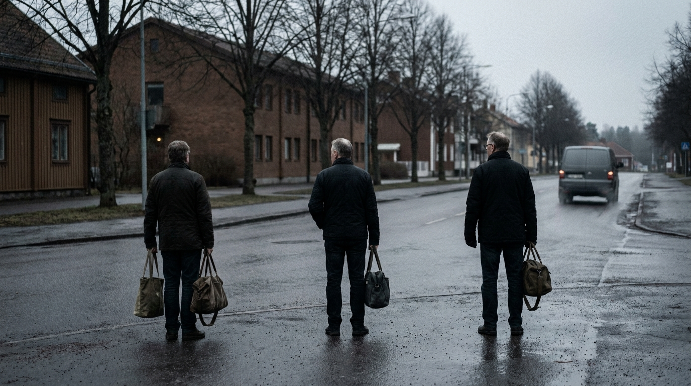 Tre personer på en tom gata i en liten svensk stad