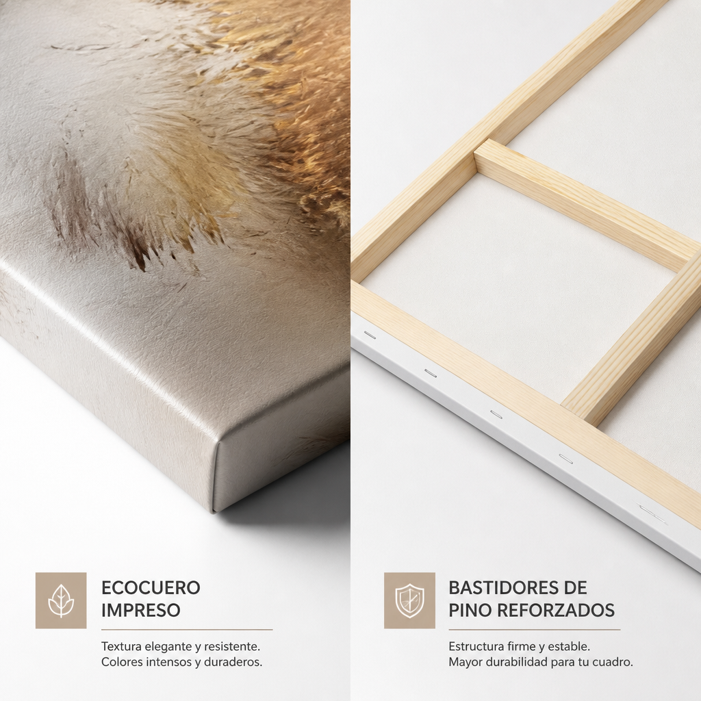 Detalle del ecocuero impreso y bastidor de pino reforzado del cuadro Dorado Luz