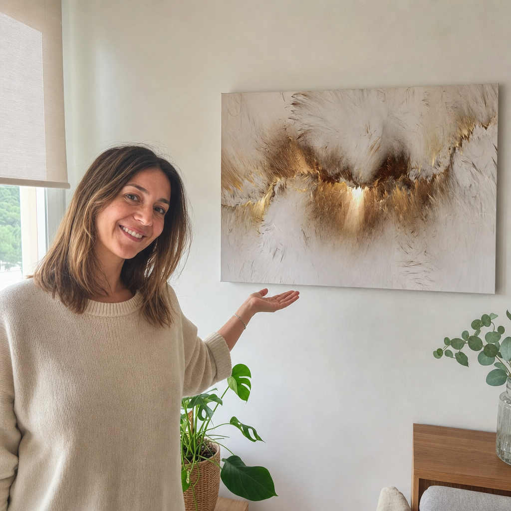 Clienta de Alberta Deco posando con su Dorado Luz reci&eacute;n colgado