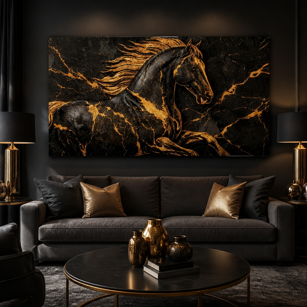 Cuadro Mural Caballo Negro Marmol ambiente