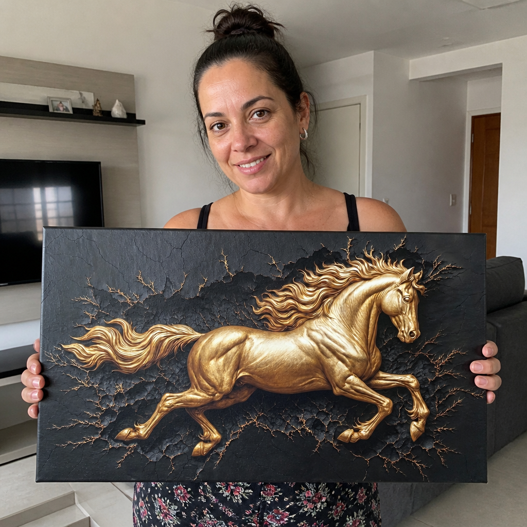 Cuadro Mural Caballo Dorado 3D cliente