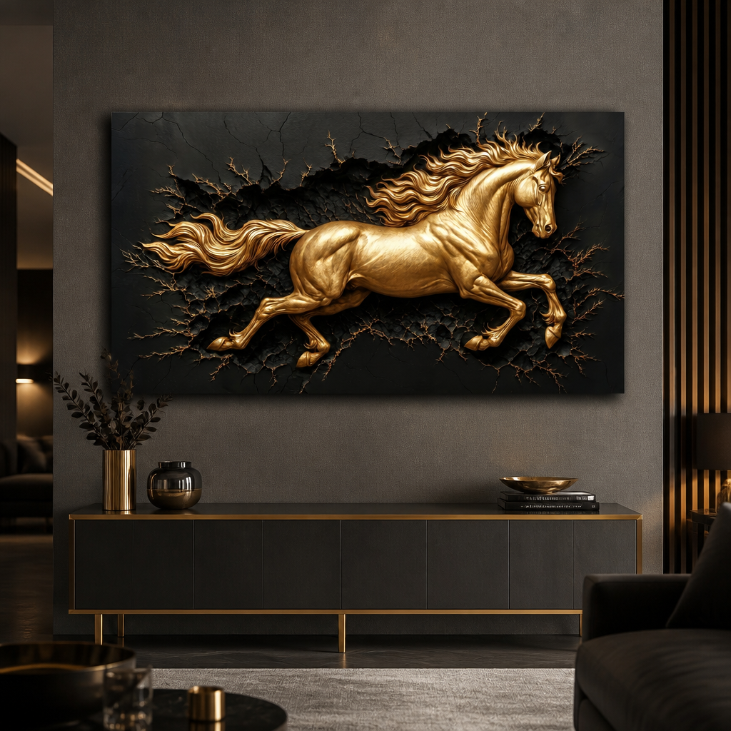 Cuadro Mural Caballo Dorado 3D ambiente