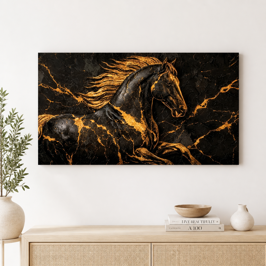 Cuadro Mural Caballo Negro Marmol