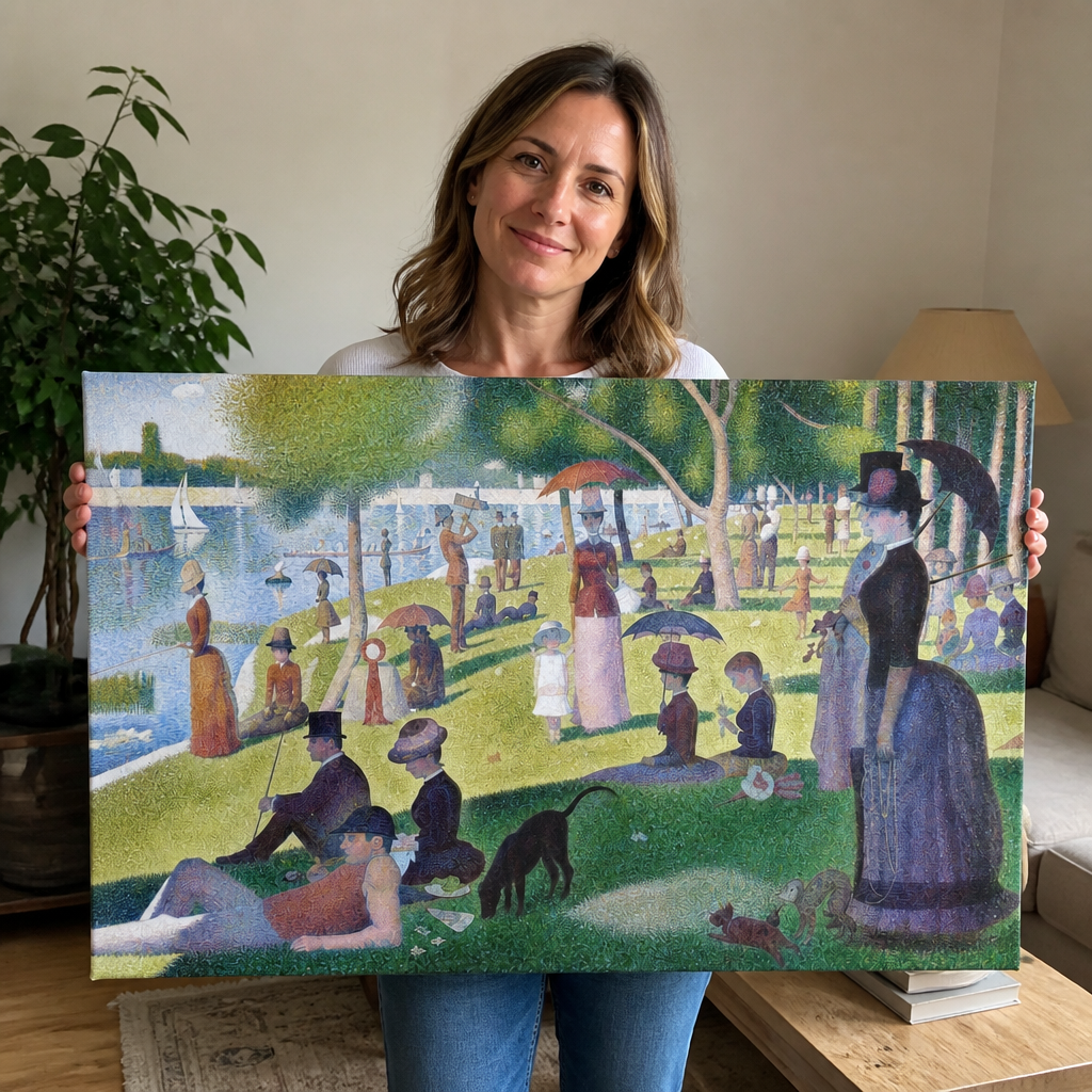 Clienta de Alberta Deco posando con su la Grande Jatte reci&eacute;n colgado