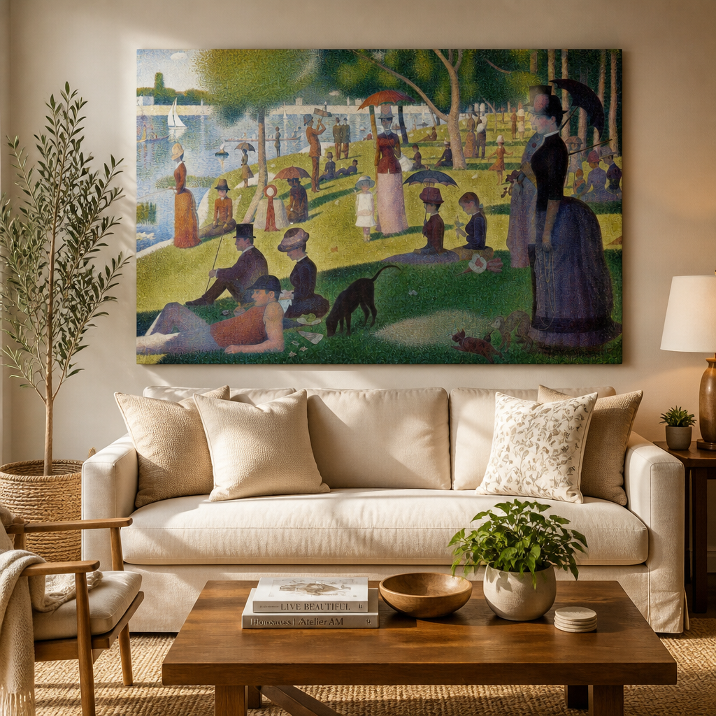 Cuadro la Grande Jatte colgado en un living moderno y c&aacute;lido