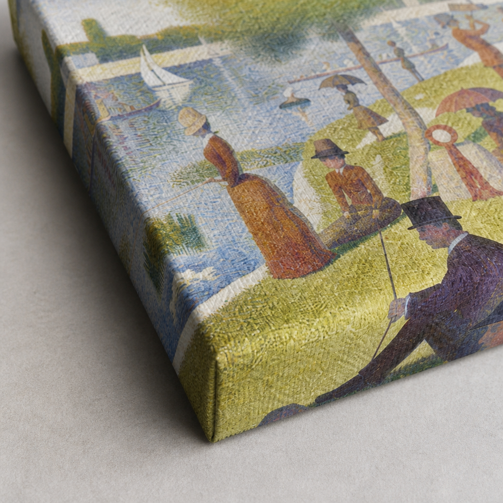 Detalle del ecocuero impreso y bastidor de pino reforzado del cuadro la Grande Jatte