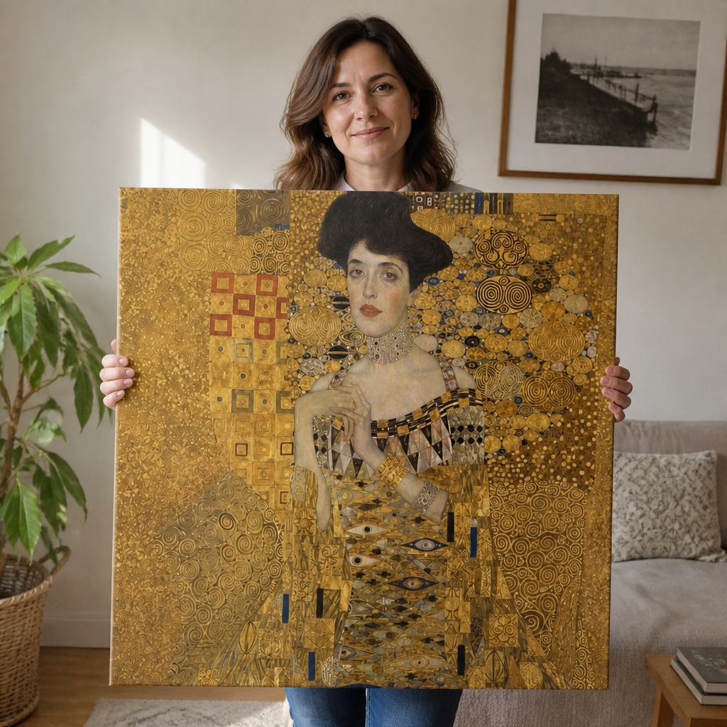 Clienta de Alberta Deco posando con su La Dama de Oro reci&eacute;n colgado