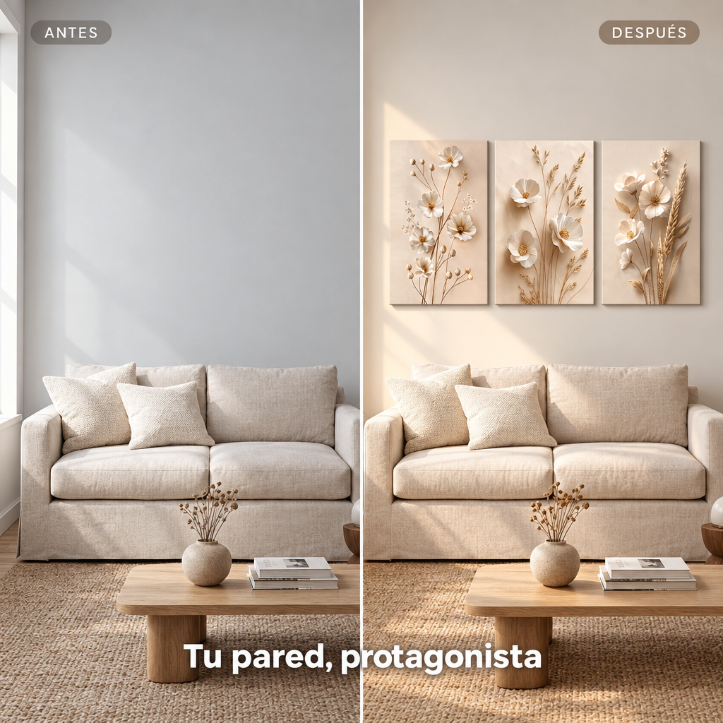 Comparaci&oacute;n entre una pared vac&iacute;a y la misma pared con el Tr&iacute;ptico Brisa de Trigo colgado