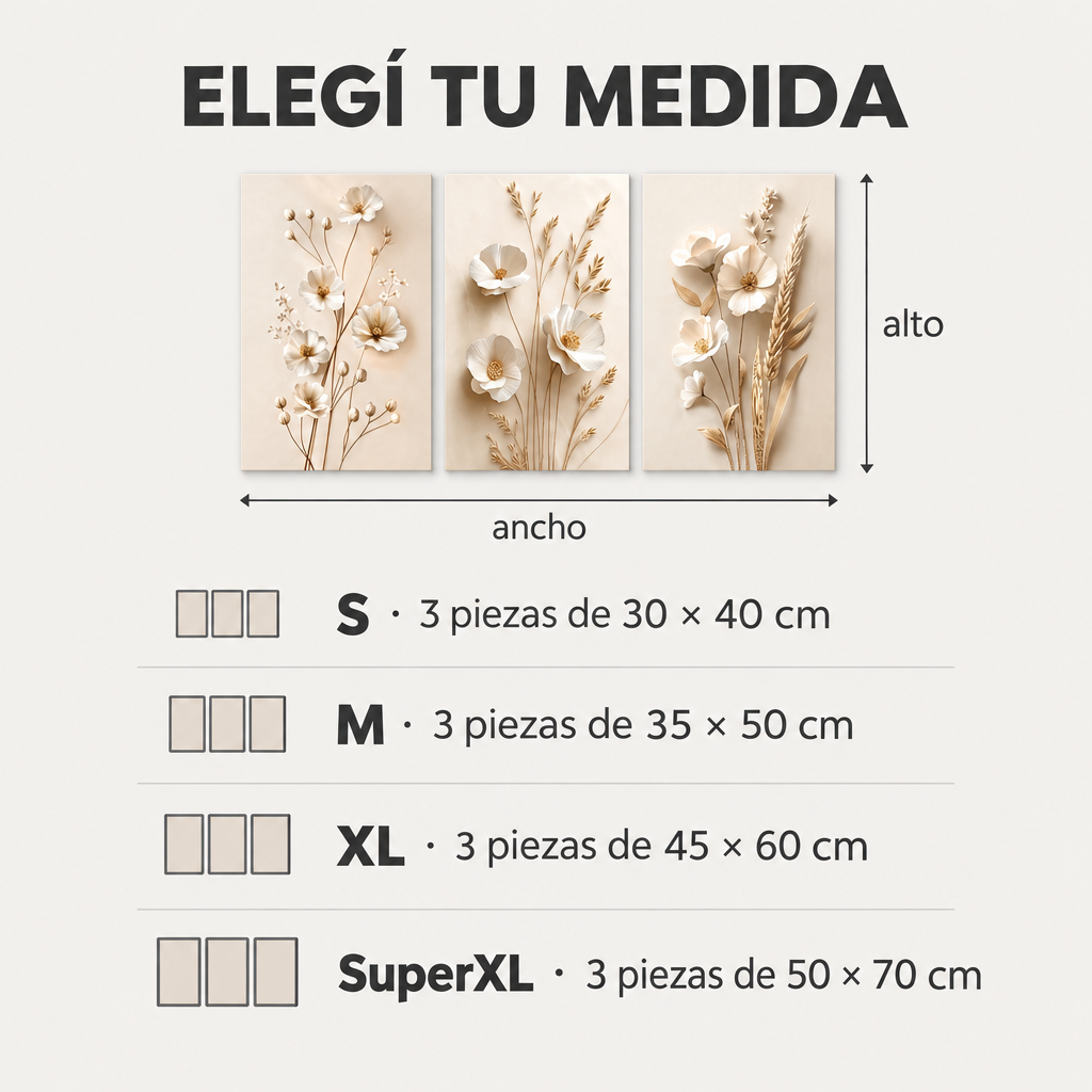 Cuadro de tama&ntilde;os del Tr&iacute;ptico Brisa de Trigo: S 30x40, M 35x50, XL 45x60 y SuperXL 50x70, cada uno de 3 piezas
