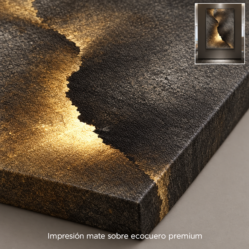 Detalle en primer plano de la textura del ecocuero impreso y el borde de 1 pulgada del cuadro