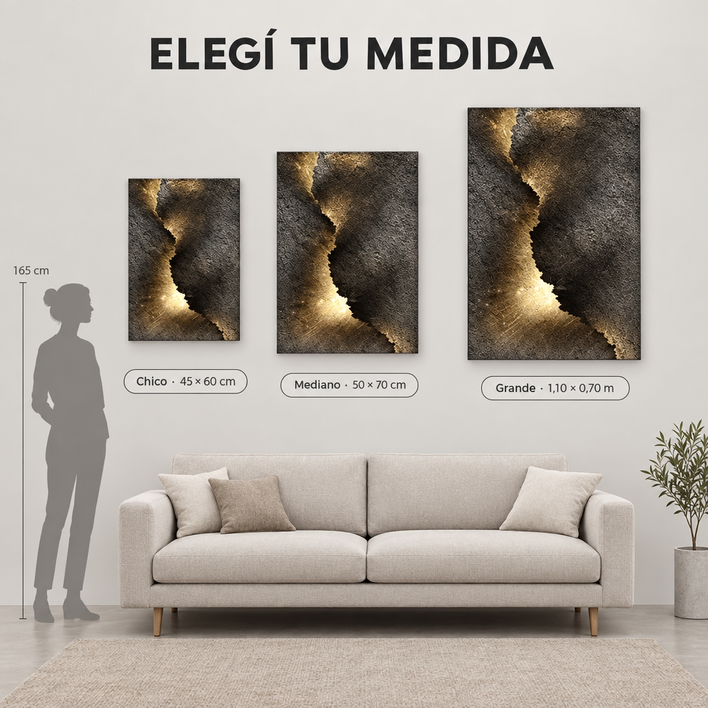 Comparaci&oacute;n de los tres tama&ntilde;os del Mural Fisura de Luz: 45x60, 50x70 y 110x70 cm
