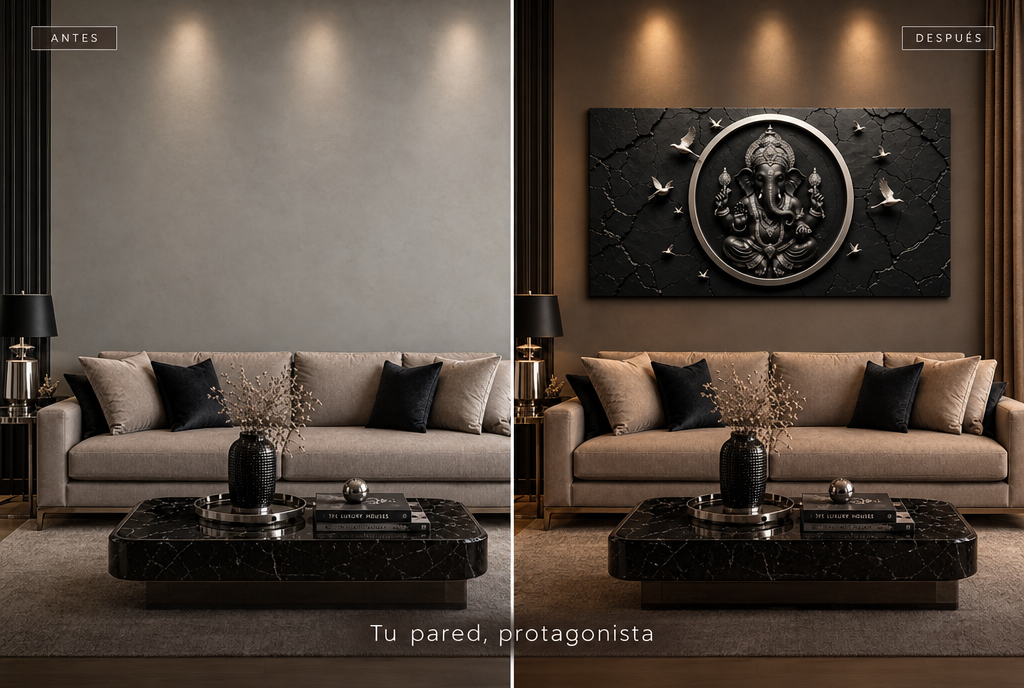 Comparaci&oacute;n entre un living con pared vac&iacute;a y el mismo con el Mural Ganesha Sagrado colgado
