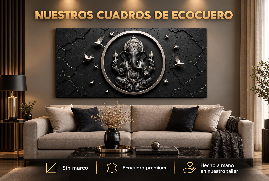 Mural Ganesha Sagrado de ecocuero impreso, sin marco, con borde envuelto