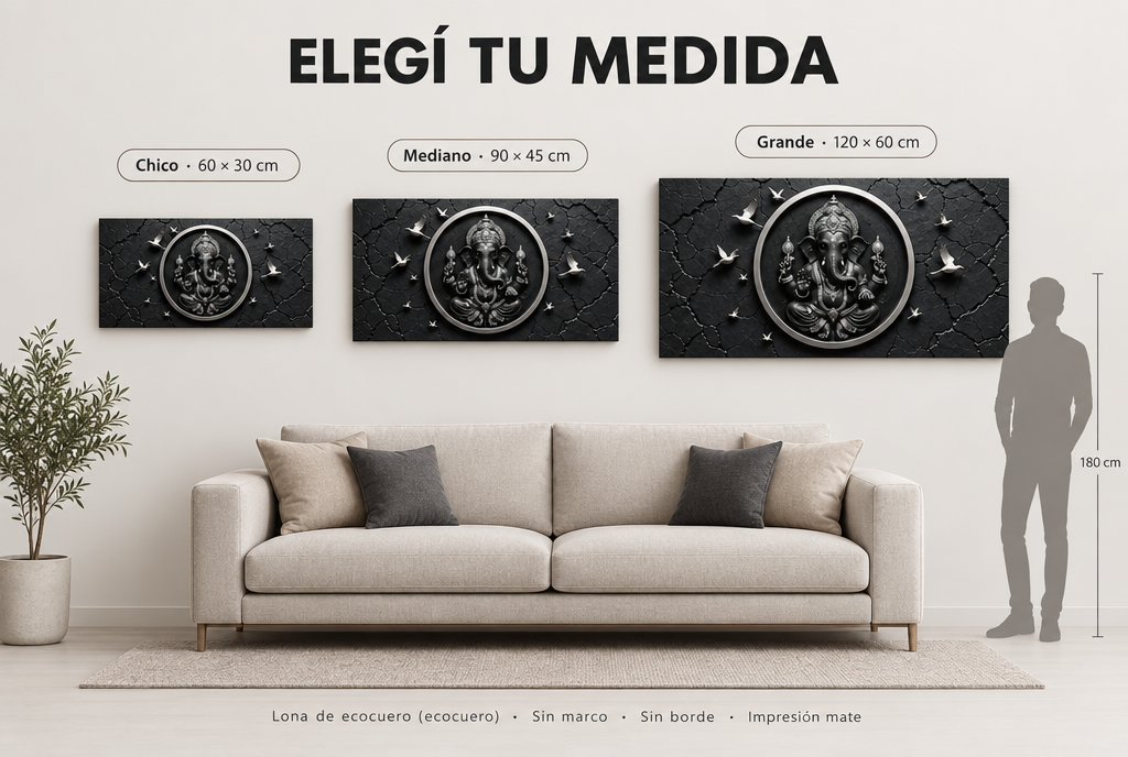 Comparaci&oacute;n de los tres tama&ntilde;os del Mural Ganesha Sagrado: 60x30, 90x45 y 120x60 cm