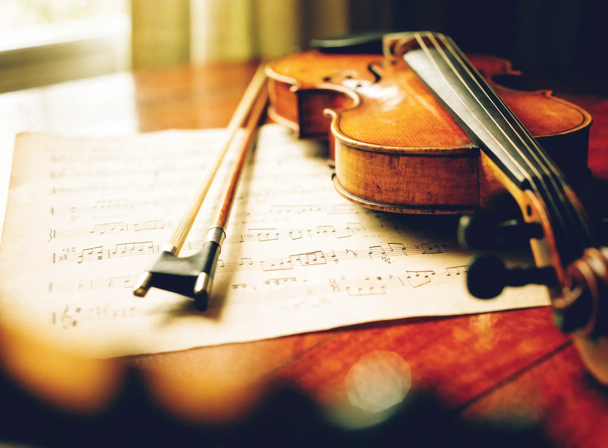 A violin resting on sheet music