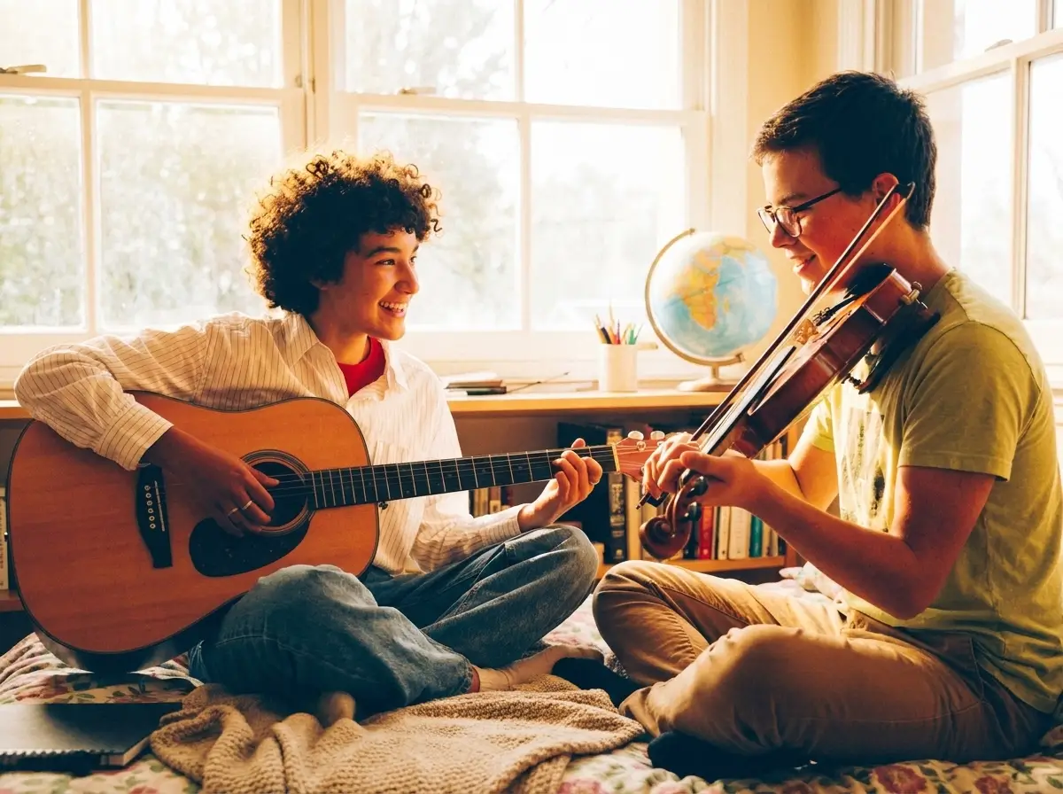 Homeschool students playing guitar and violin together at home