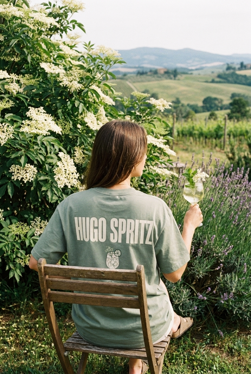 Hugo Spritz tee in Tuscan garden