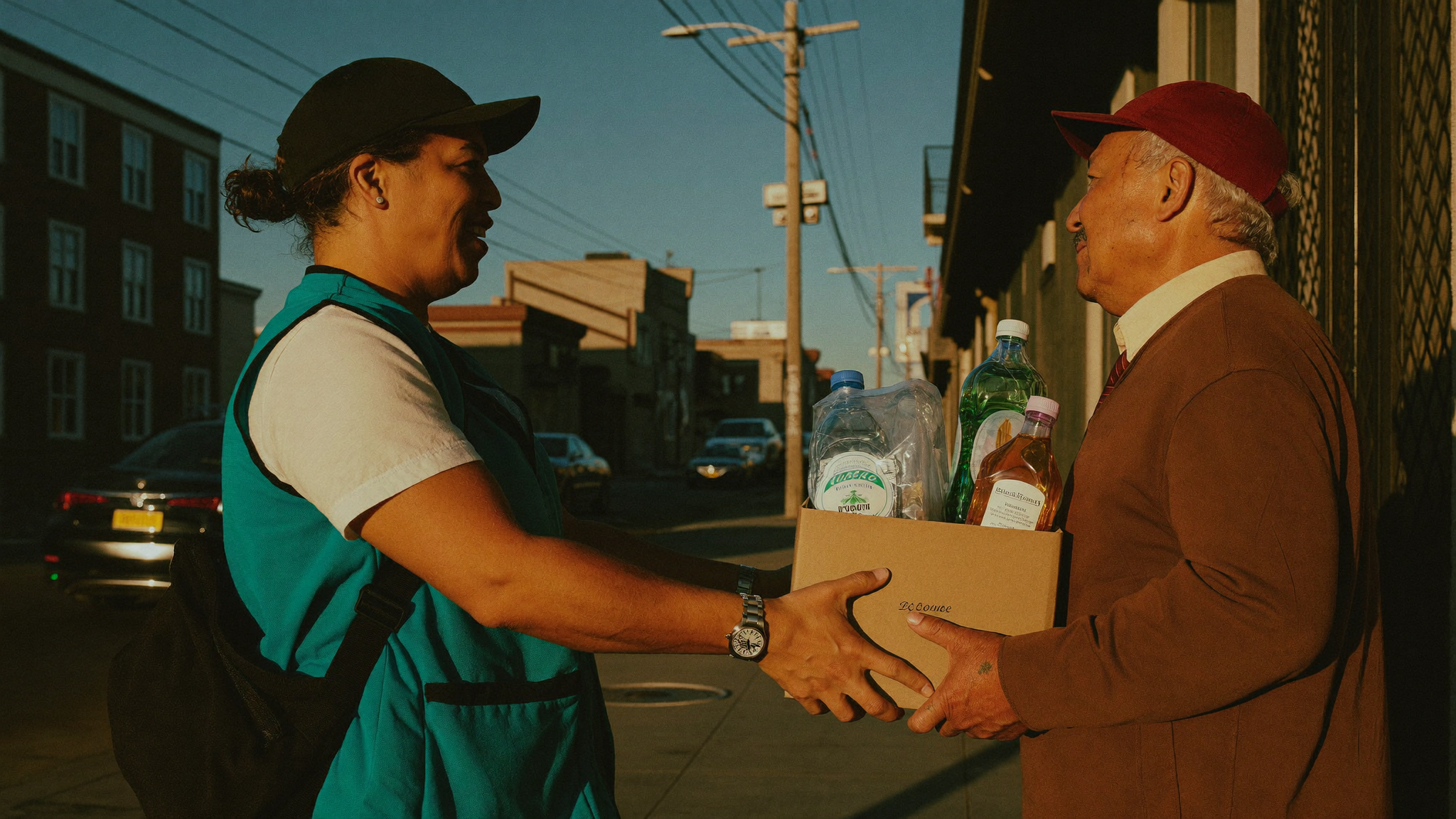 Outreach coordinator delivering groceries to a resident at his front door
