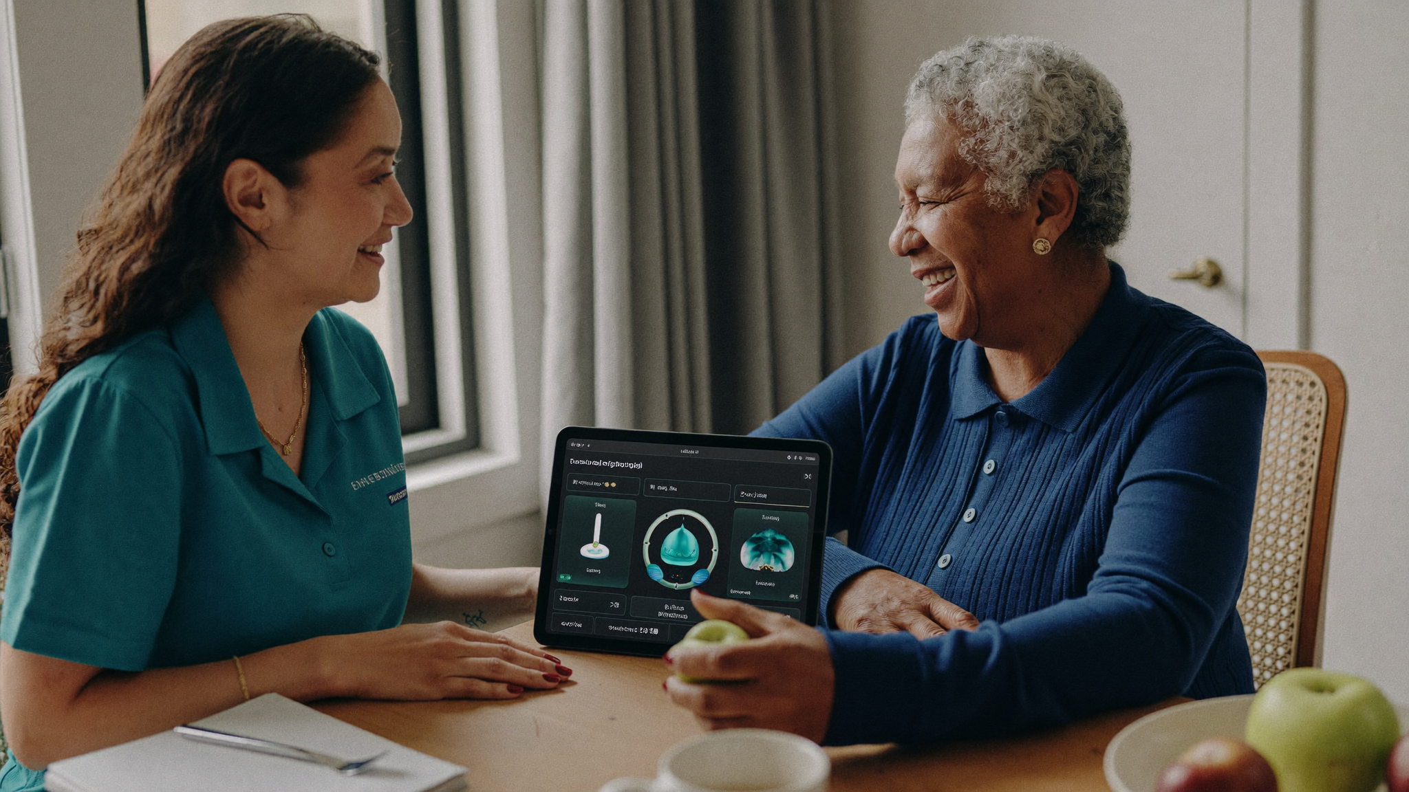 Community health worker reviewing a care plan with a resident at her kitchen table