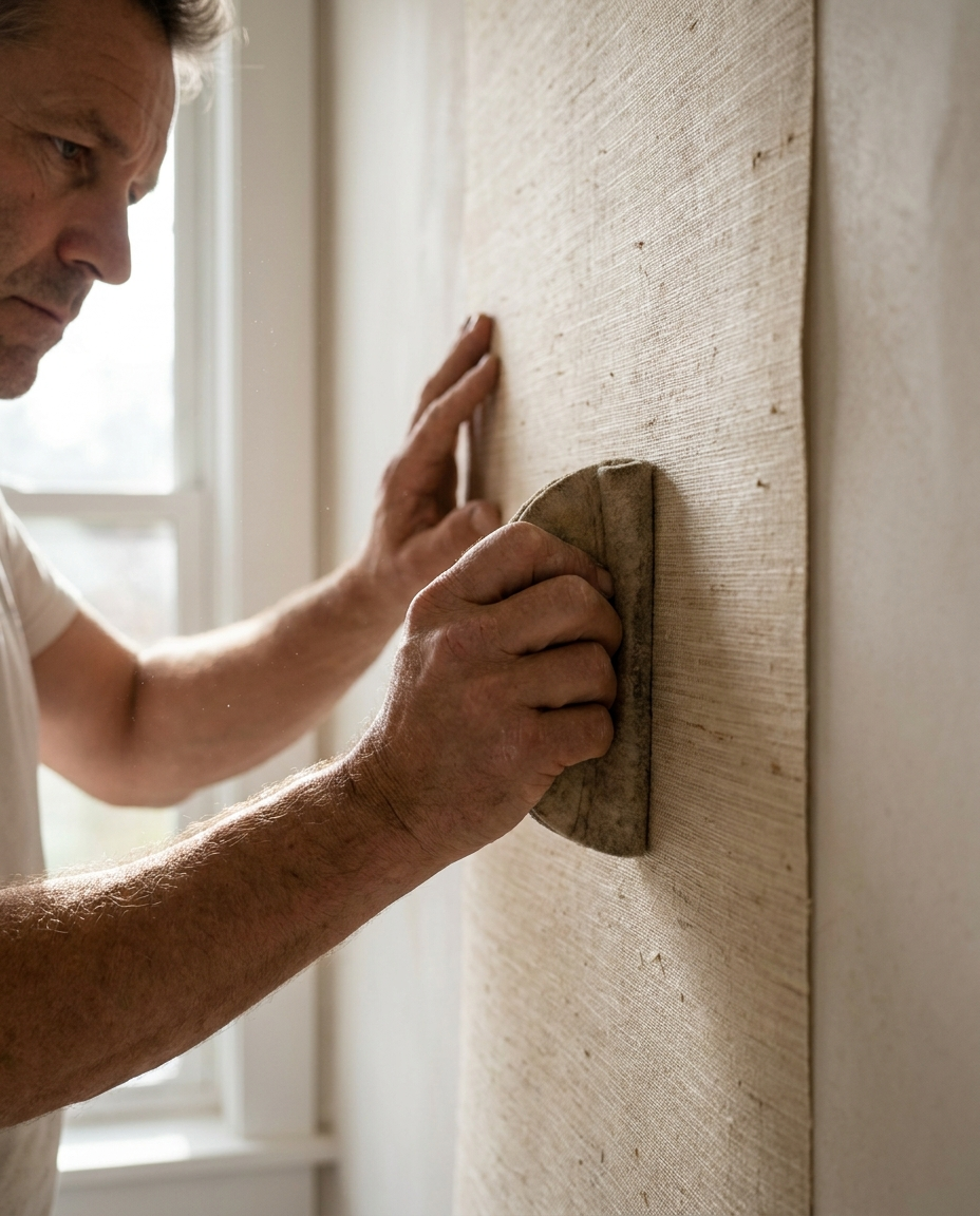 A wallpaper installer smoothing a sheet of grasscloth onto a wall