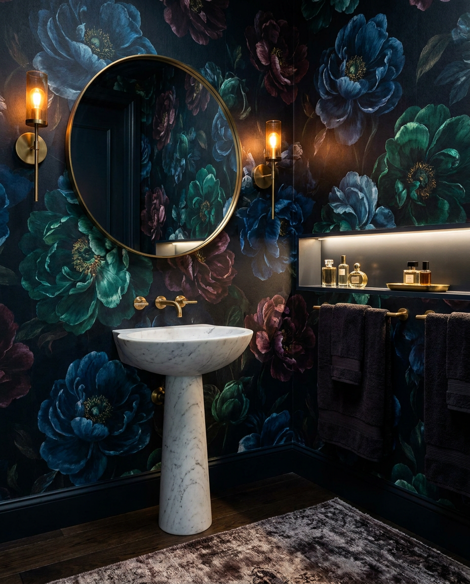 A powder room finished in dramatic dark floral wallpaper
