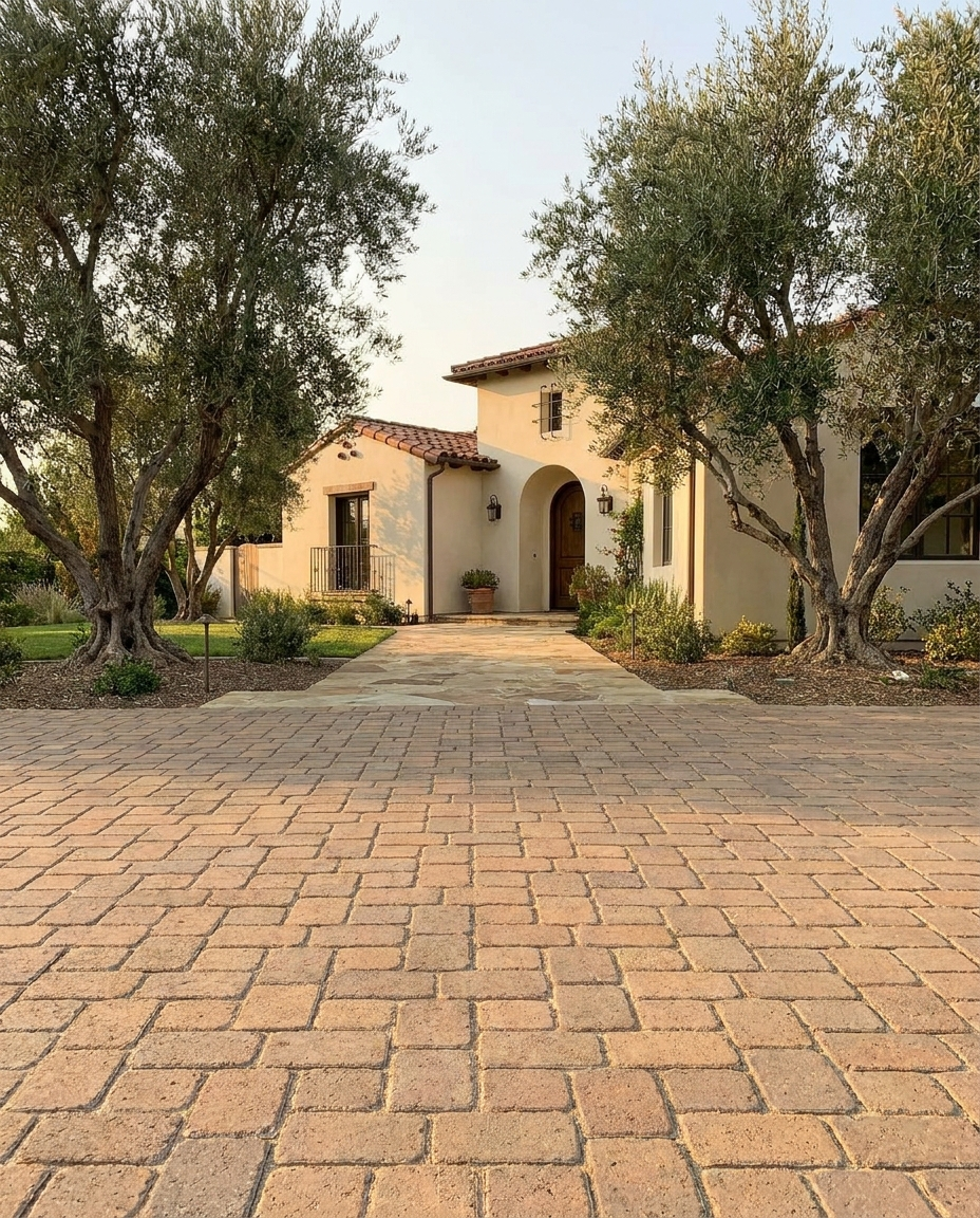 A finished paver driveway and stone walkway