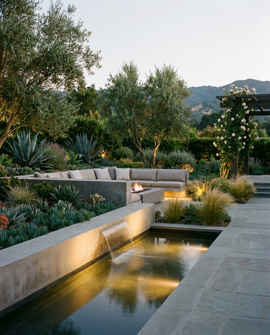 An elegant outdoor living space in a designed garden