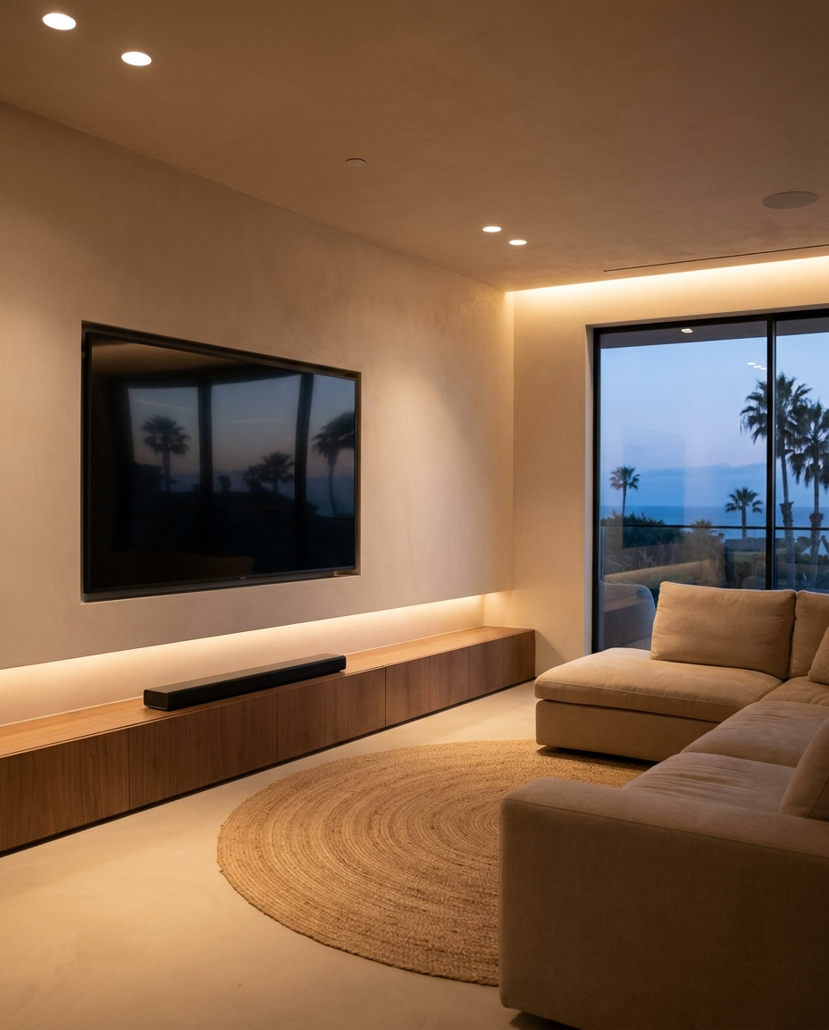 A flush wall-mounted TV with hidden cables and a discreet soundbar