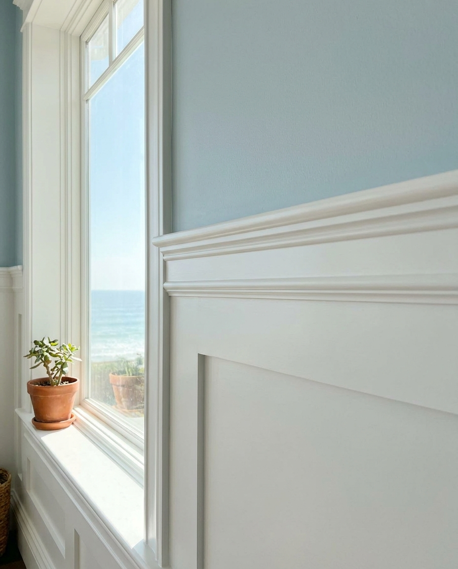 Freshly installed crown molding and trim, clean craftsmanship