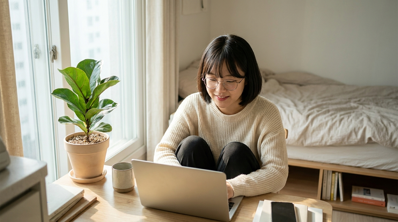 청년 월세 대출 — 청년이 스튜디오에서 신청 검토 모습