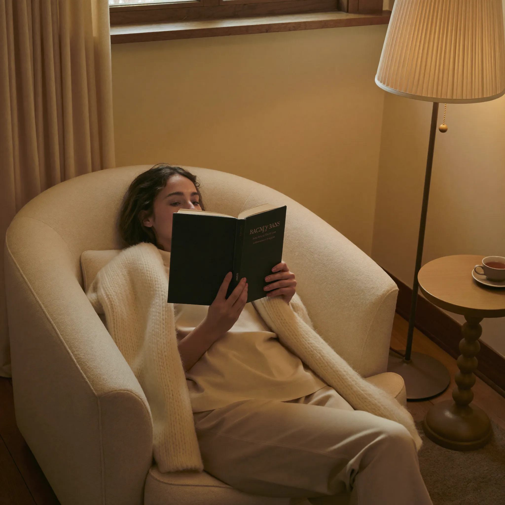 Woman reading a book in a cozy armchair by lamplight