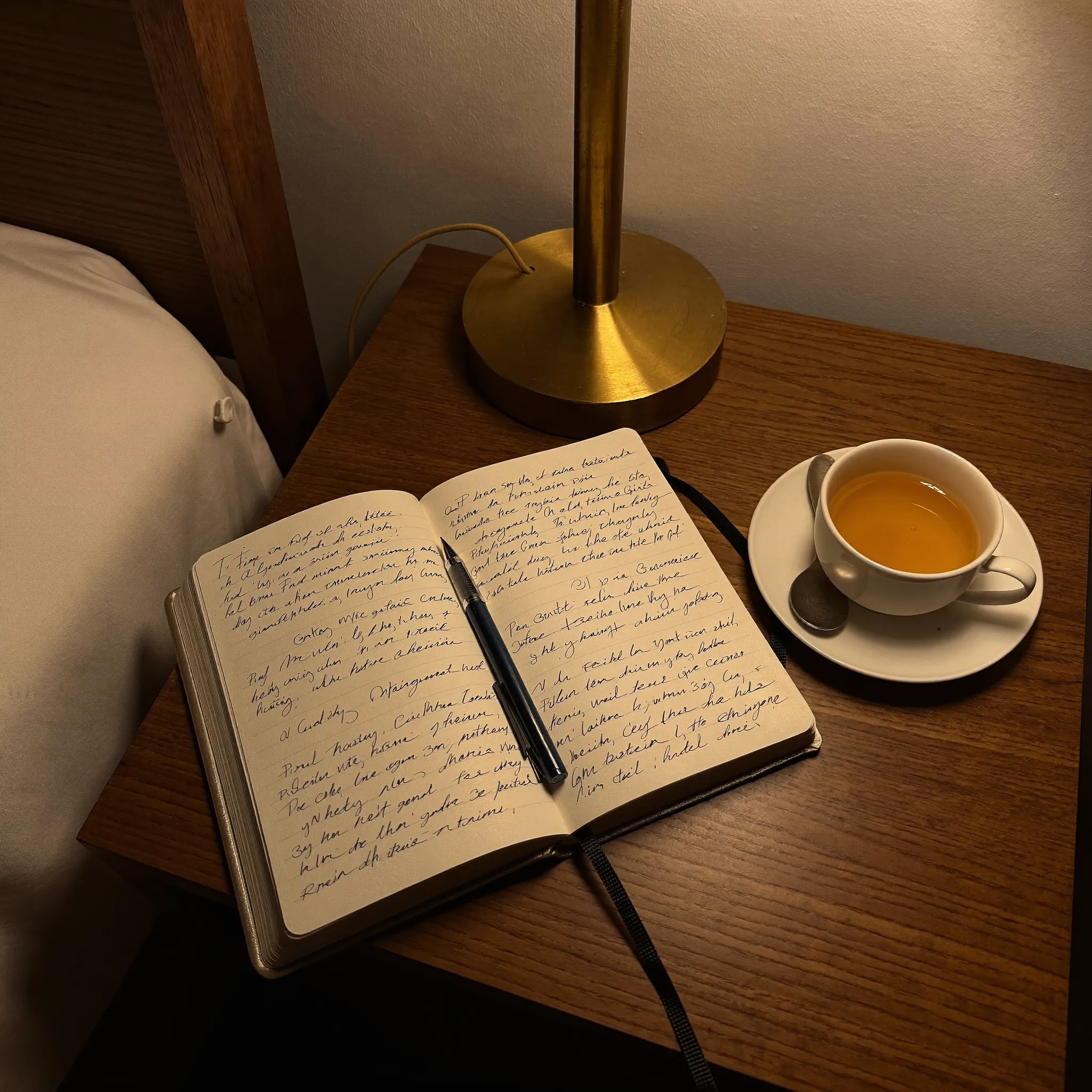 Open journal, pen, and steaming tea on a bedside table