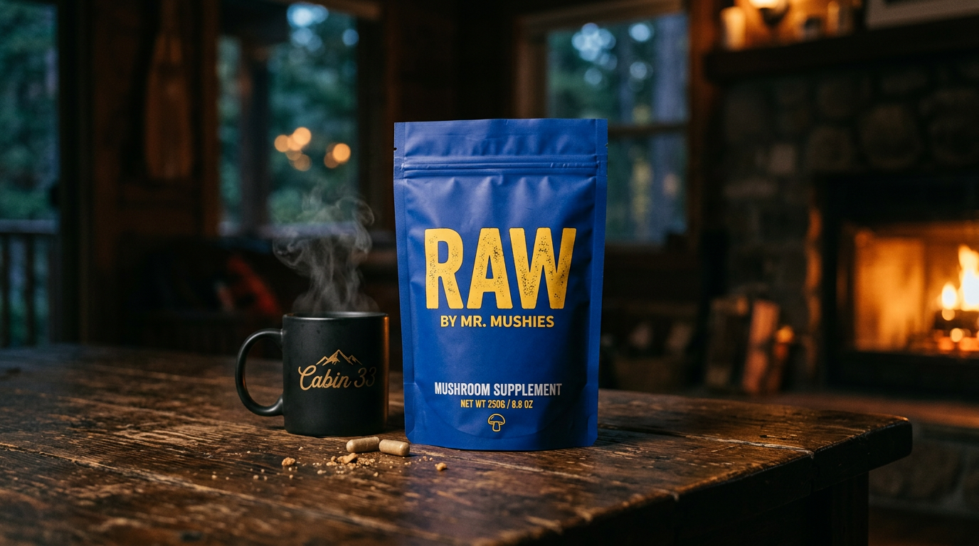 RAW by Mr. Mushies pouch beside a Cabin33 mug