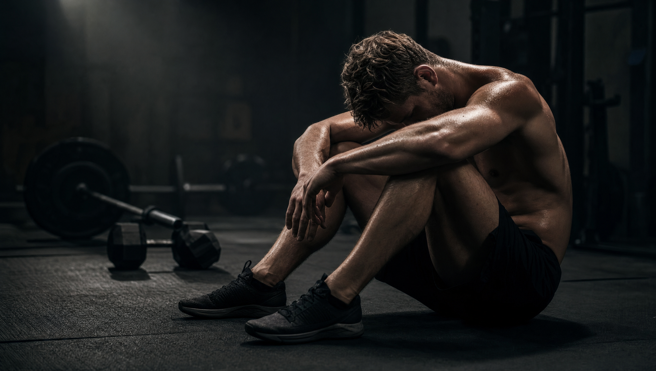 Exhausted athlete sitting on gym floor showing signs of overtraining