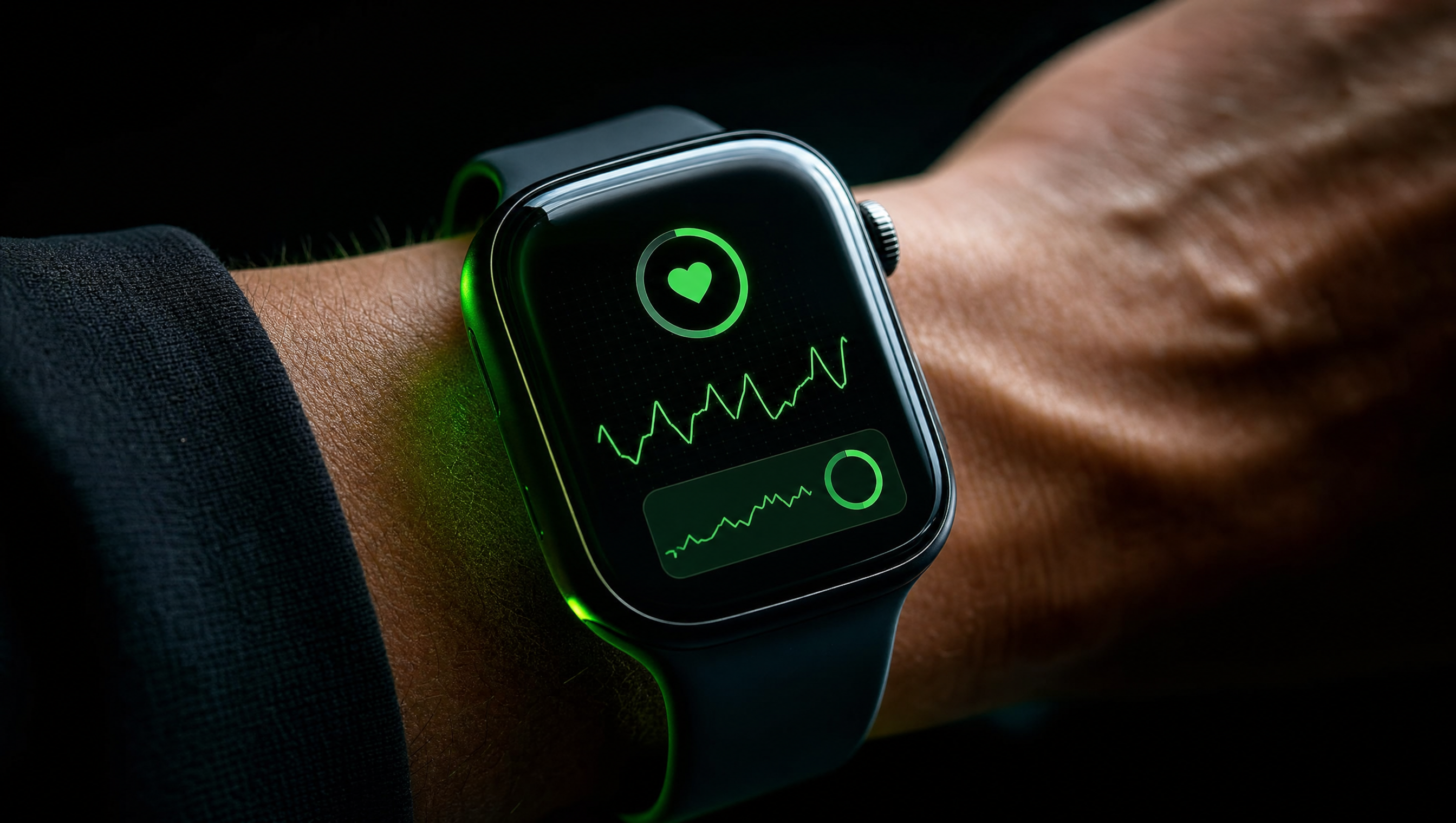 Smartwatch displaying heart rate variability HRV graph with green glow
