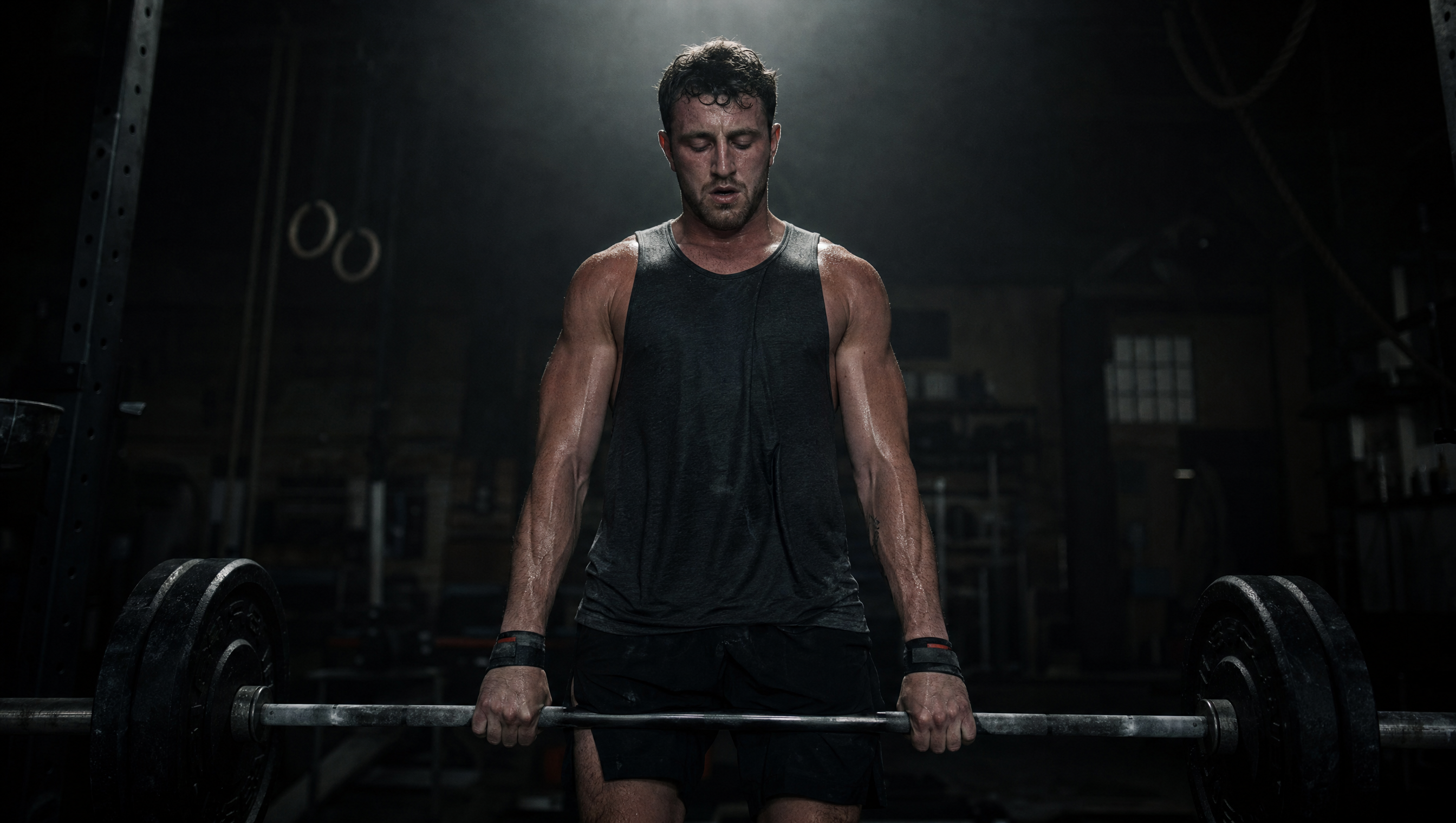 Athlete gripping barbell with fatigue and exhaustion in dark gym