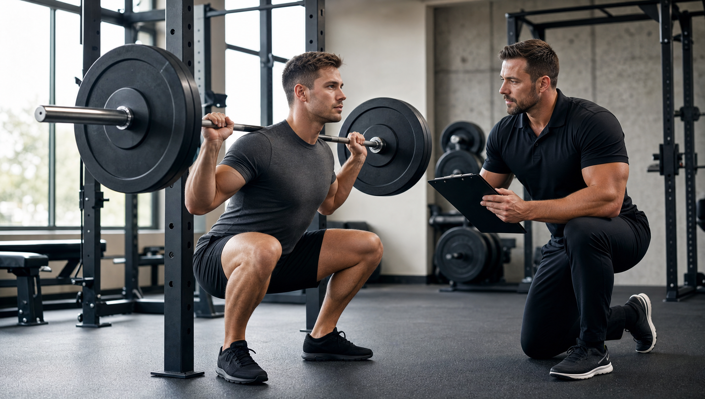 Personal trainer coaching client on barbell squat form in professional gym