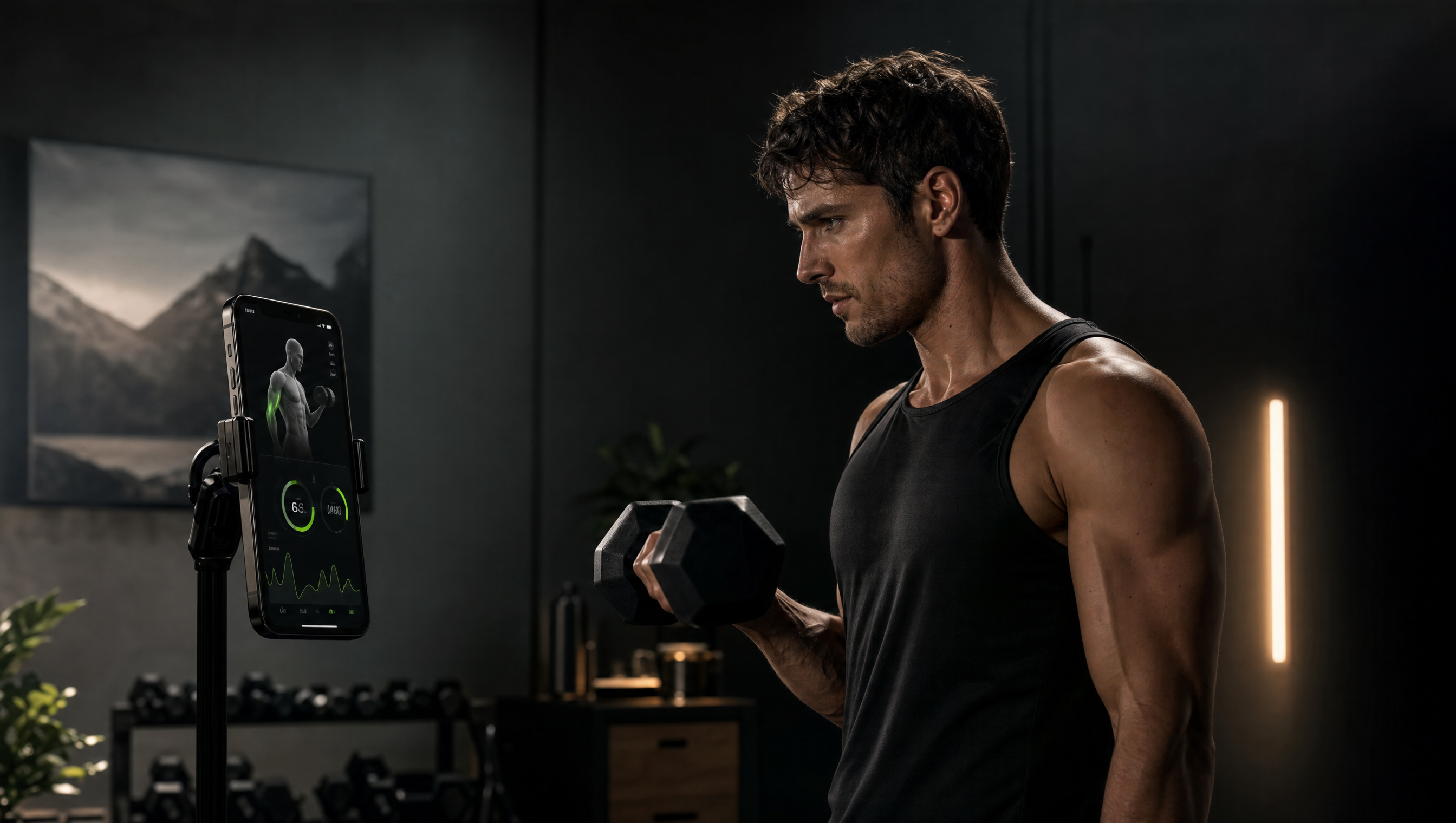 Athlete training with dumbbell following AI fitness coach guidance on smartphone
