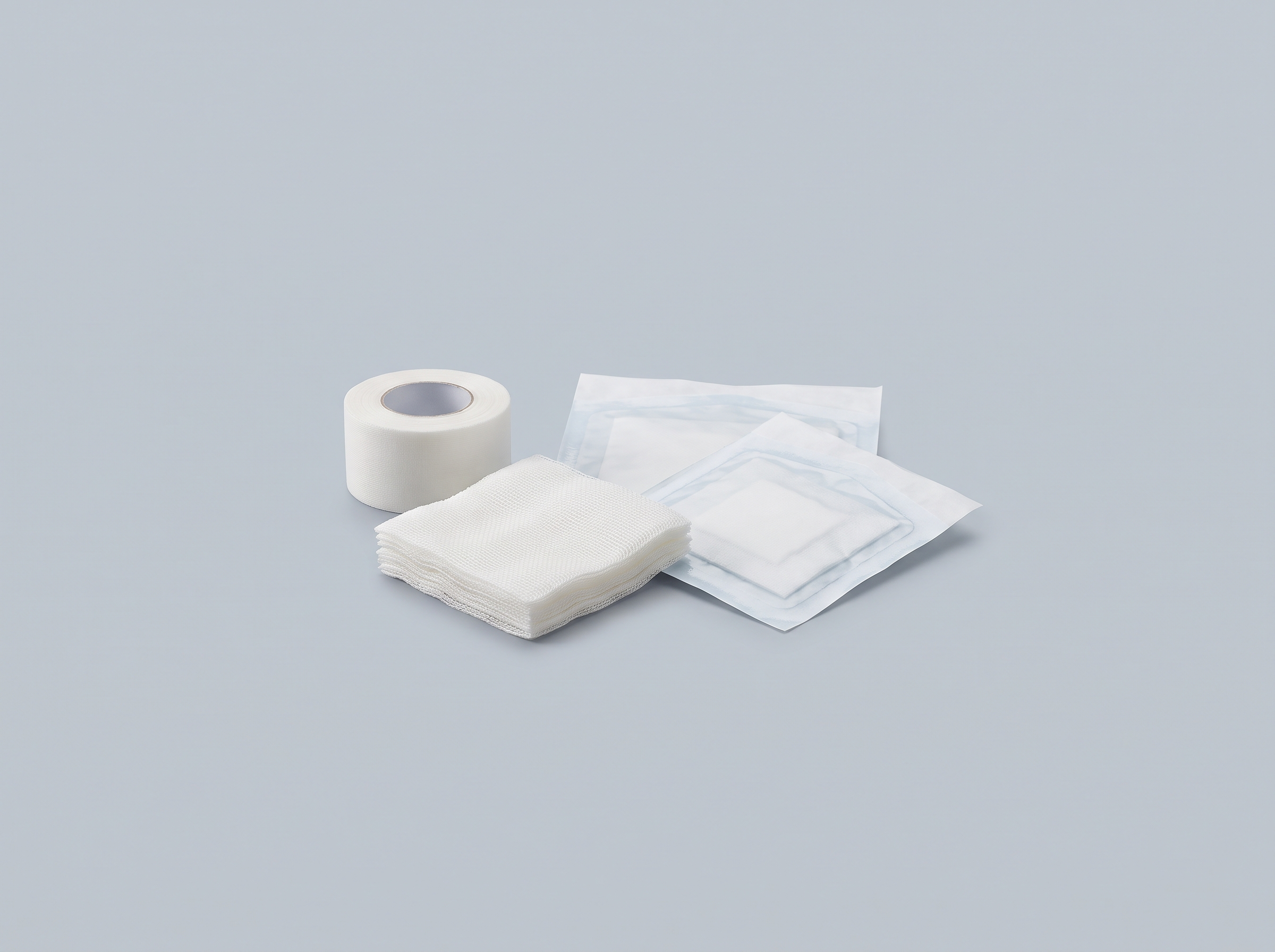 Surgical tape, gauze squares and sterile pouches