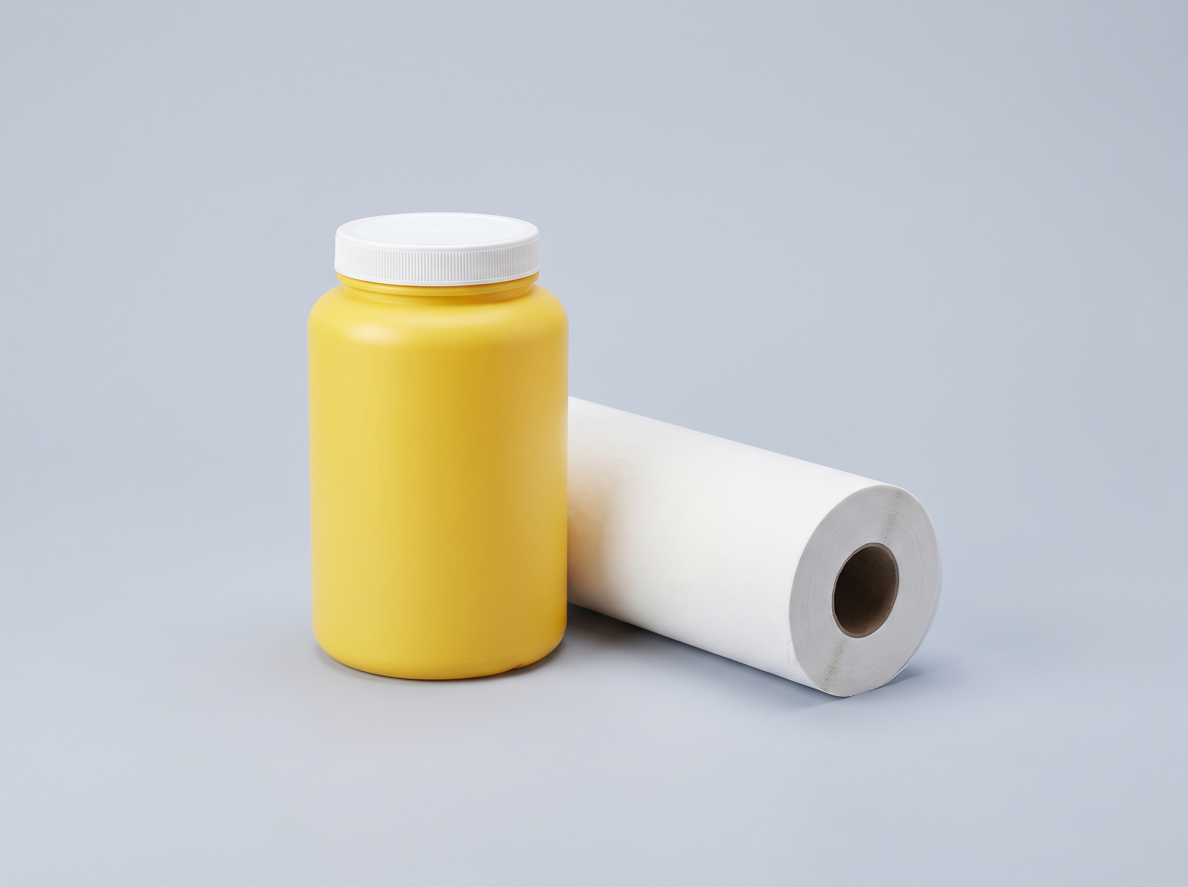 A sharps container beside a roll of couch covering