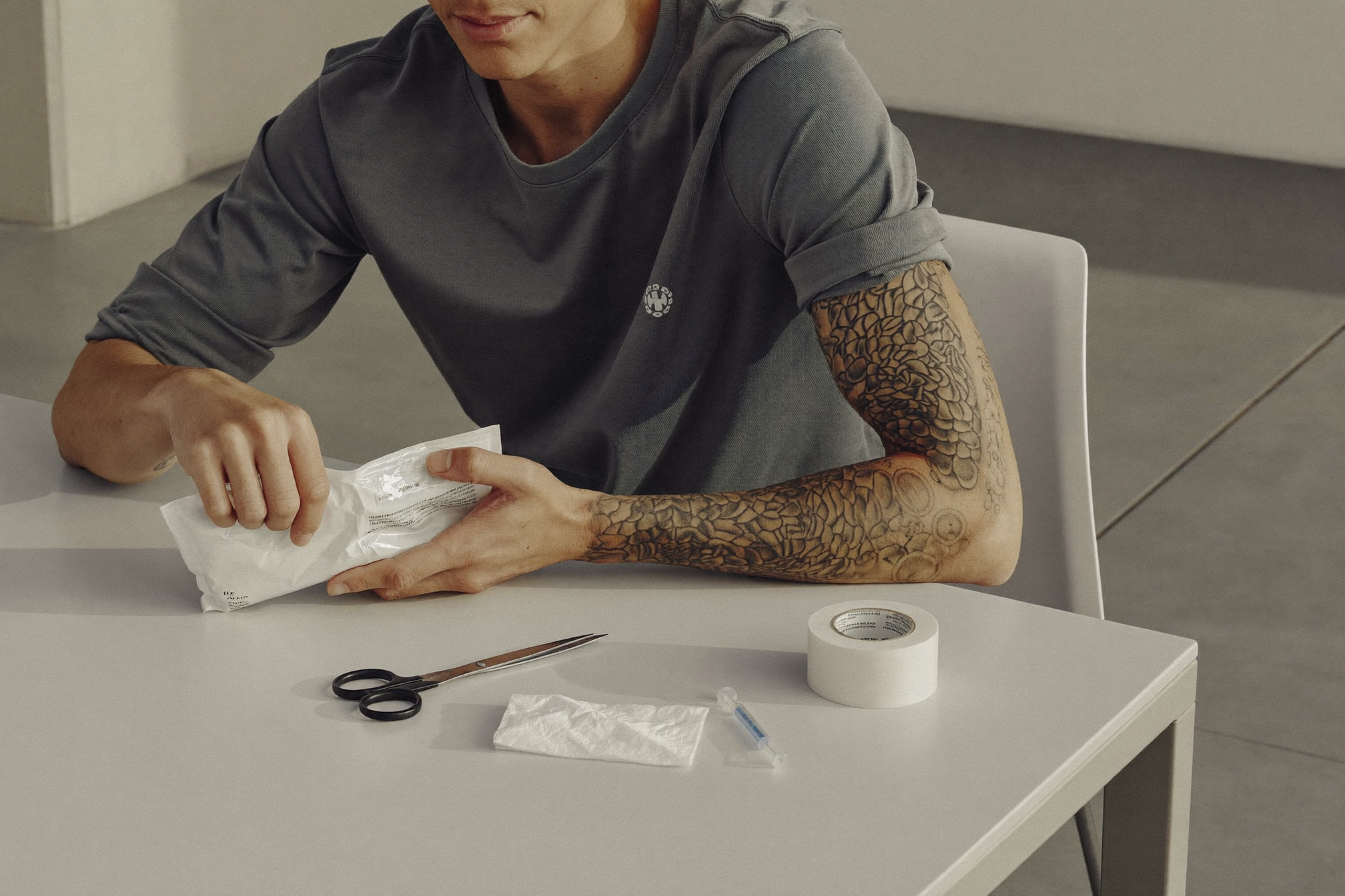 Hands opening a sterile gauze pouch beside tape and scissors