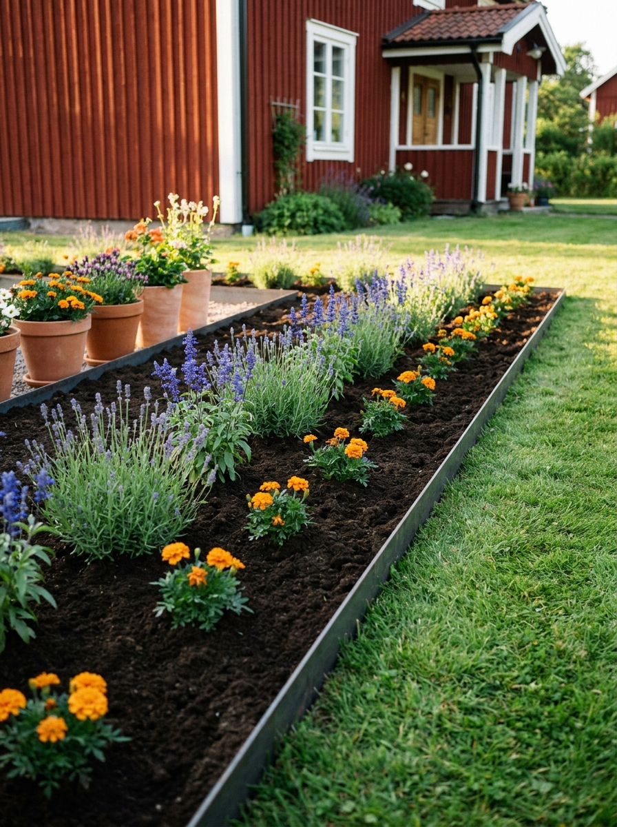 Nyplanterad rabatt med sommarblommor